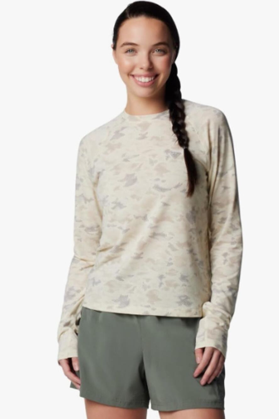 COLUMBIA Womens PFG Uncharted Knit Long Sleeve Shirt XL Stone Grey Cream NWT